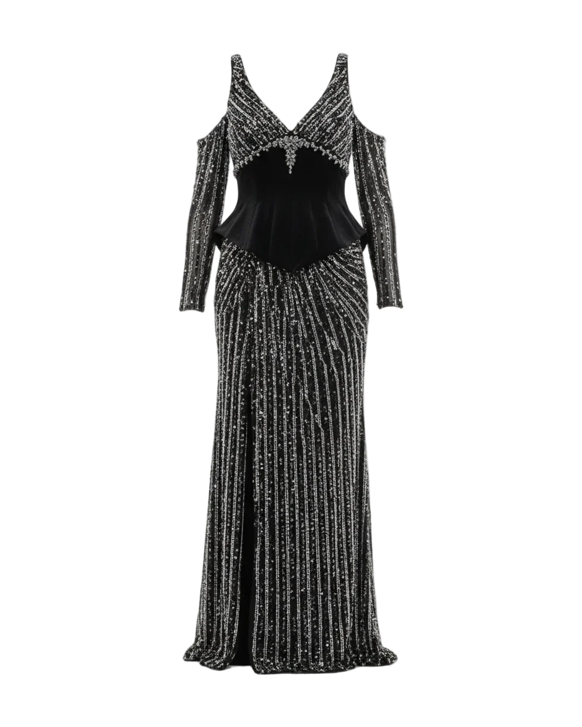 Ghost mannequin shot of black and silver sequined gown